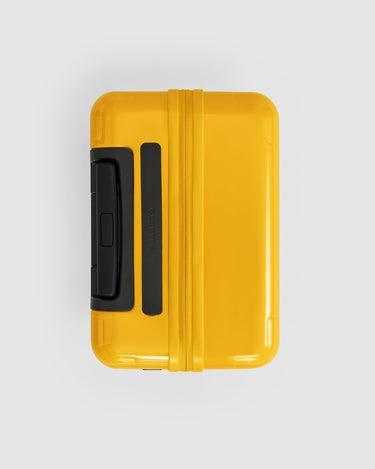 Yellow carry on suitcase topview of carry handle and telescopic handle